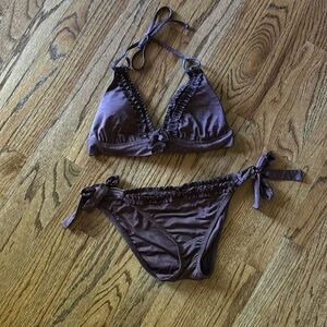 Betsey Johnson brown bikini with ruffles details.